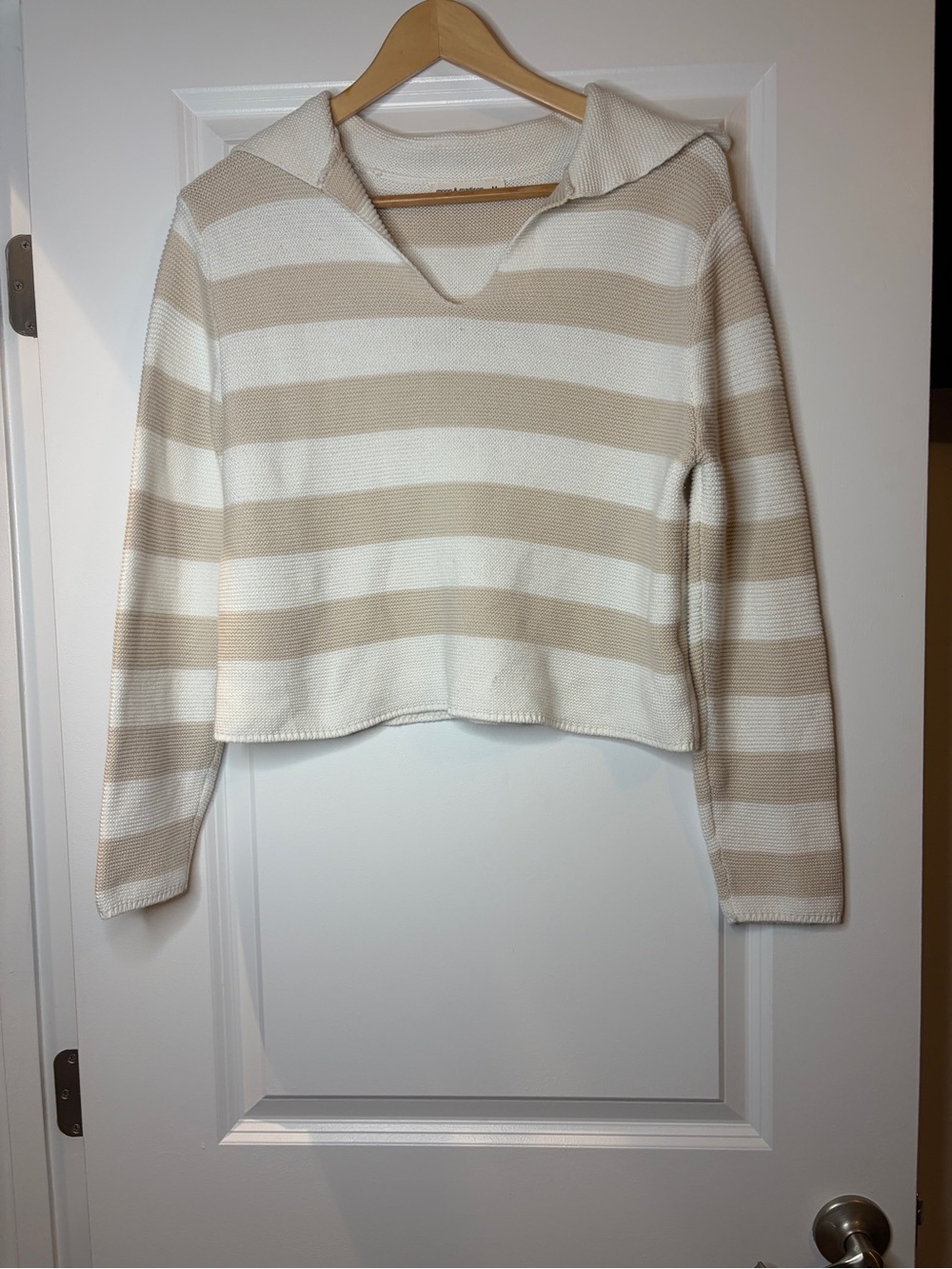 moon & madison | Cream and Beige Striped V-Neck Coastal 100% Cotton Sweater